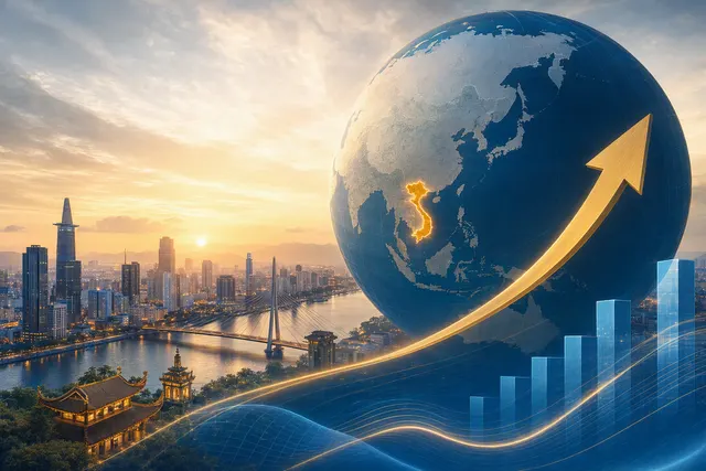Editorial illustration of Vietnam’s stock-market upgrade into FTSE Russell’s emerging-market index framework