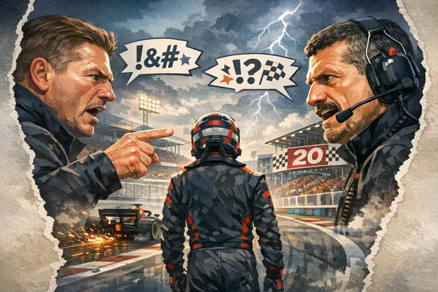 Split illustration of Jos Verstappen and Guenther Steiner in a tense exchange, with a background hinting at F1 2026 regulatory turmoil.