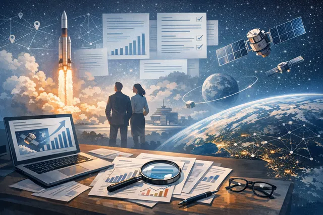 Abstract illustration of a rocket launching with financial data charts and a rising arrow, representing record space startup investment in Q2 2026 following the SpaceX IPO.