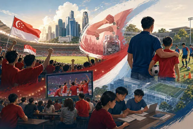 AI-generated editorial illustration about Lions fan support and planned stadium expansion in Singapore