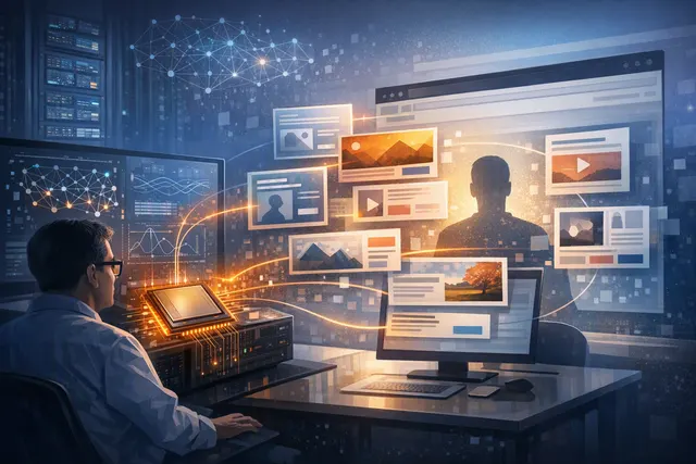 Abstract illustration of an AI system assembling personalized website components for an individual visitor
