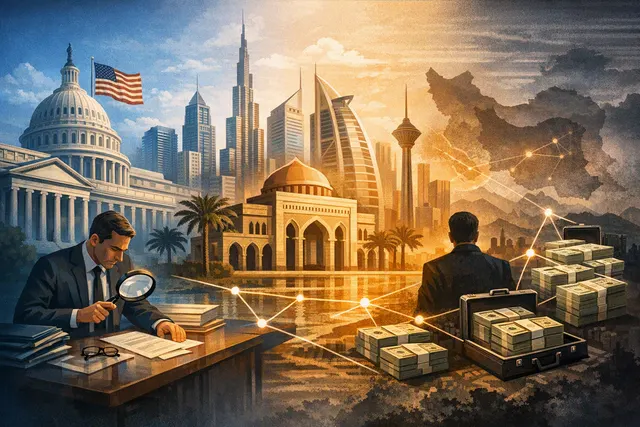 Illustration of U.S. dollar banking restrictions affecting Banque Misr’s UAE branches amid allegations of Iranian shadow-banking links