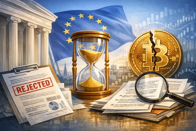 Binance logo on a dark background with EU flag and regulatory symbols, illustrating the exchange's missed MiCA licensing deadline.