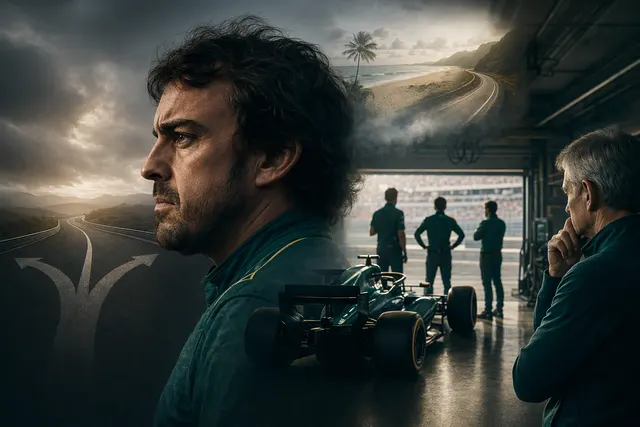 Editorial illustration of Fernando Alonso’s uncertain Aston Martin future after the 2026 Formula 1 season