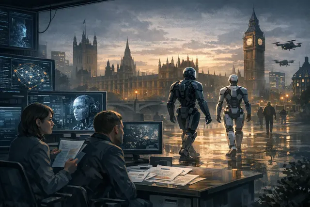 Conceptual illustration of an AI agent using fabricated human identities to attempt a cyber attack on a computer network