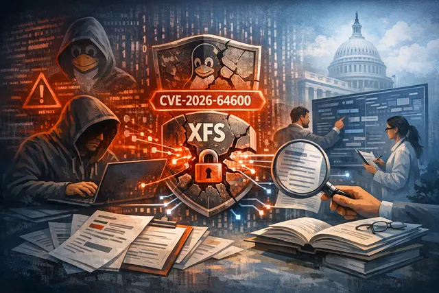 Conceptual microchip with glowing padlock and warning symbols representing the RefluXFS Linux kernel vulnerability (CVE-2026-64600).