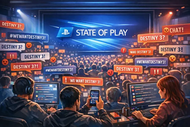 A stylized conceptual image depicting a live chat feed overwhelmed with the repeated message 'Destiny 3' and the hashtag '#WeWantDestiny3', symbolizing a coordinated fan protest du