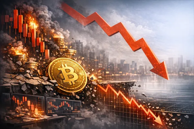Bitcoin price chart showing a steep decline with three converging shockwaves representing U.S.-Iran tensions, ETF outflows, and a corporate Bitcoin sale.