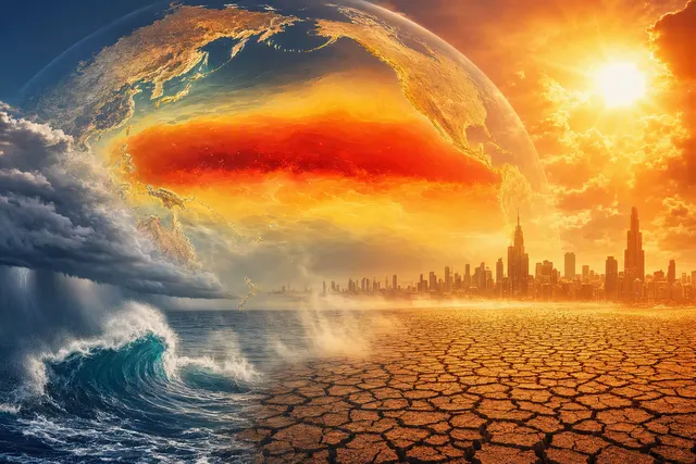 Editorial illustration representing record global heat, atmospheric moisture and extreme weather in August 2026
