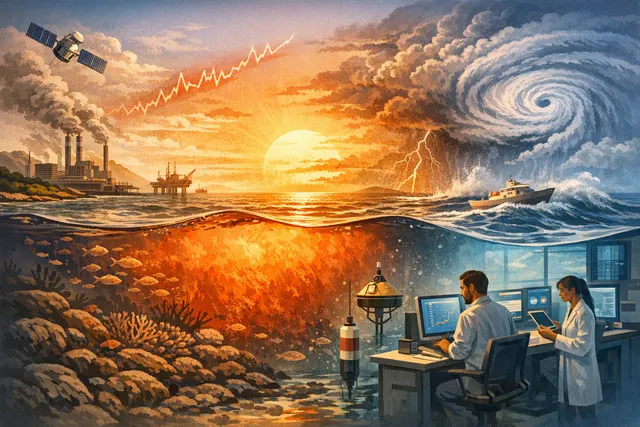 What does the record breaking rise in global ocean temperatures in 2026 reveal about the interaction between human caused climate change and