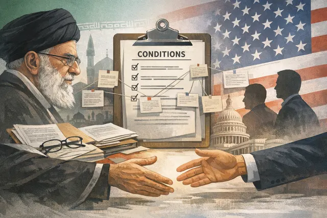 Conceptual illustration of Iran's Supreme Leader Mojtaba Khamenei, with flags of Iran, the United States, Israel, and Lebanon in the background, representing the triangular diploma