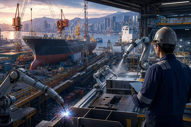AI-generated editorial illustration for an article about robots and shipyard automation