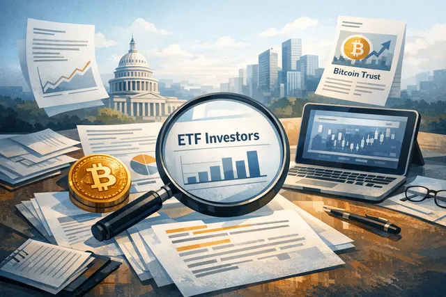 Abstract chart showing ETF and Bitcoin icons converging, with a 75% statistic overlay