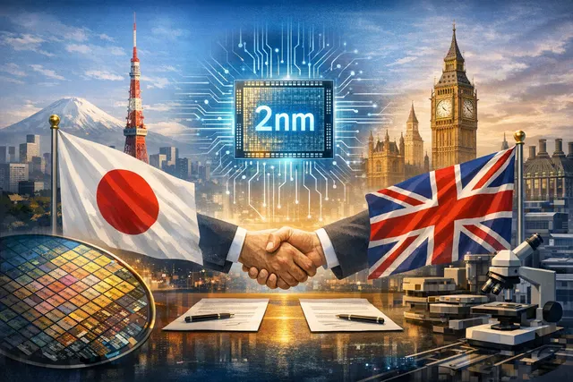 UK and Japan flags on a semiconductor wafer, representing the Rapidus-UK technology partnership