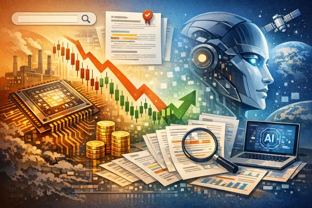 An AI-generated image representing the Kimi K3 model release and its impact on global semiconductor stock markets, showing a glowing AI brain over a city skyline with stock chart d
