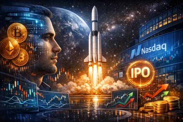 AI-generated editorial image showing a SpaceX rocket launching from a digital interface, representing the intersection of crypto derivatives and the upcoming SpaceX IPO.