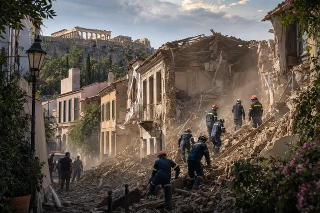 Illustration of emergency responders searching rubble after an explosion in Athens’ Plaka district