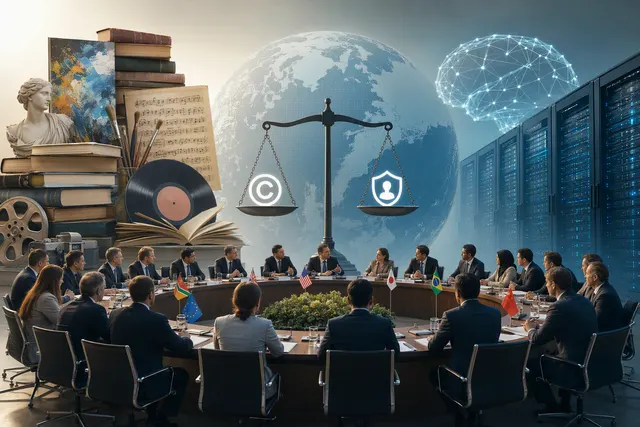 Editorial illustration representing AI, copyright and global policy discussions