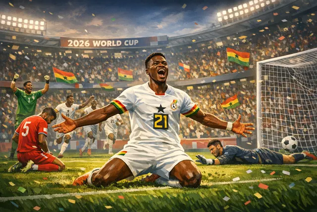 Ghana players celebrate in the rain after Caleb Yirenkyi's 95th-minute winning goal against Panama in their 2026 World Cup opener.