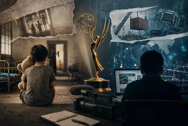 AI-generated editorial illustration accompanying coverage of CNA’s 2026 International Emmy documentary nominations