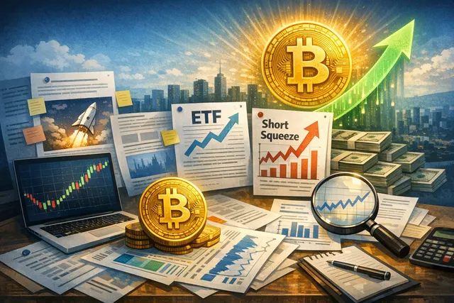 Bitcoin price chart showing a spike to nearly $64,000 with short squeeze label, ETF inflow arrow, and a weak jobs report trigger