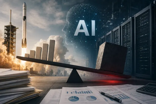 Illustration representing SpaceX, AI infrastructure, and the financial performance of Elon Musk’s xAI revealed in the IPO filing