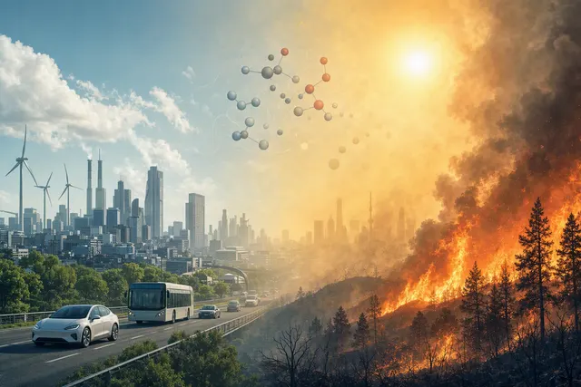 Wildfire smoke drifting over a city during a heatwave