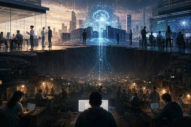 Illustration representing the divide in the tech industry between AI winners and struggling software engineers