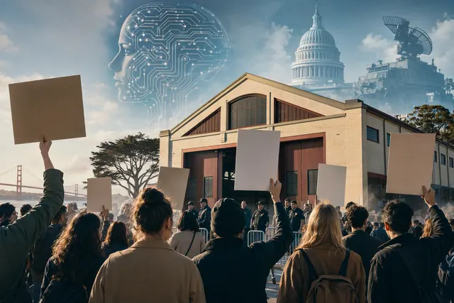 AI-generated editorial illustration accompanying coverage of protests over OpenAI’s government and military AI work.