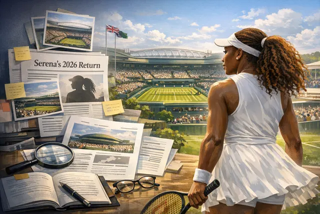 Serena Williams at Wimbledon with Centre Court in the background, symbolizing her 2026 return to the All England Club for singles and doubles competition.