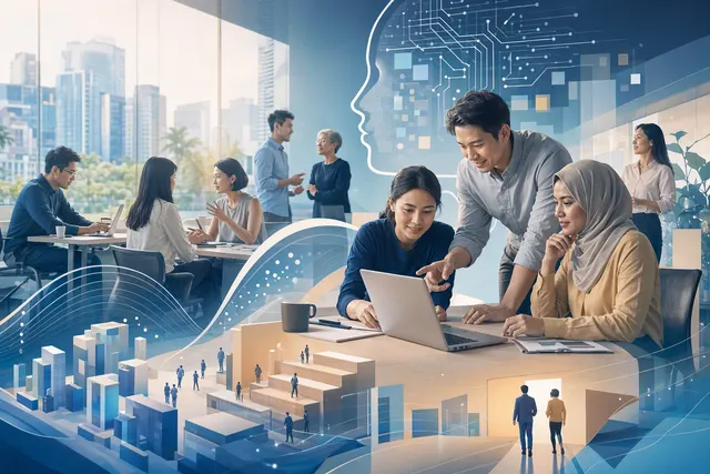 Illustration of workers and managers collaborating around AI-enabled workplace transformation
