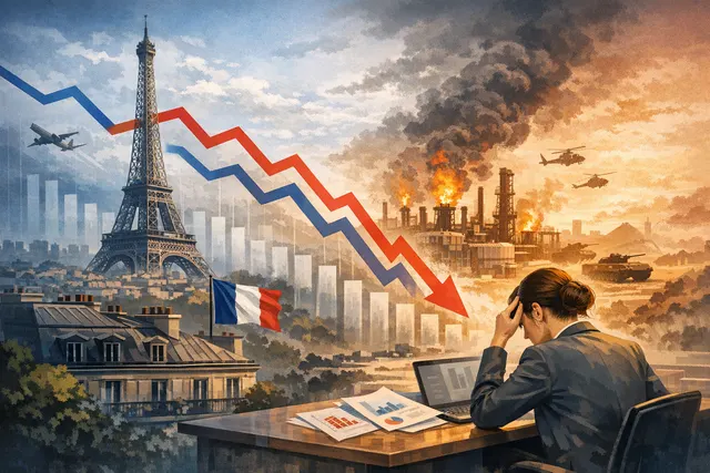 Chart showing a sharp decline in global PMI data with a backdrop of a disrupted ship chokepoint, illustrating the economic impact of the Middle East conflict.