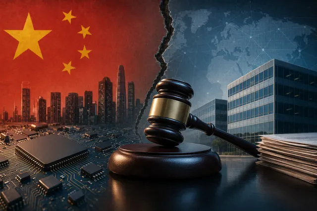 Illustration representing the legal and geopolitical dispute between Wingtech and Nexperia over semiconductor control
