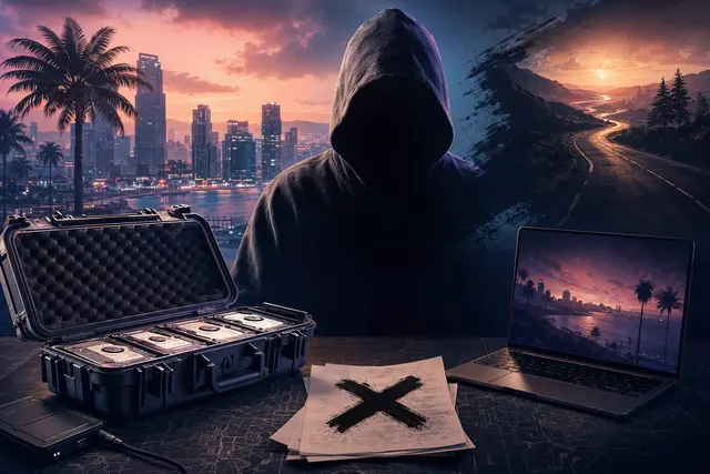 Editorial illustration representing the Cyberleek GTA 6 leak halt, with game files and an anonymous online identity