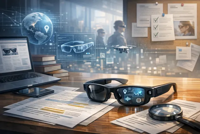 A conceptual illustration of a person wearing smart glasses with a transparent digital overlay showing data streams, representing always-on AI sensing and surveillance concerns.