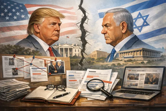 A split image showing President Donald Trump and Prime Minister Benjamin Netanyahu, with a stylized document representing the U.S.-Iran MoU between them.