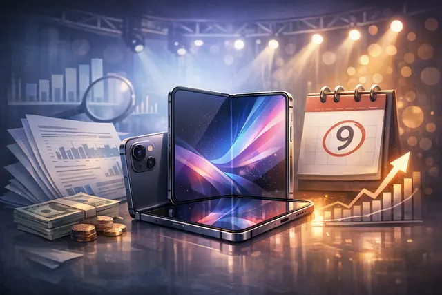 Illustration of a rumored Apple foldable iPhone beside a revenue forecast and September launch event graphics