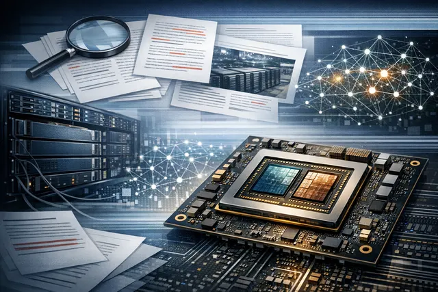 A detailed, abstract 3D visualization of a semiconductor chip, representing AMD's computer chip design.