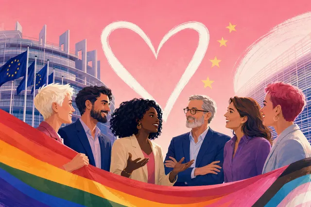 Symbolic illustration representing EU institutions and LGBTQ equality policy debates around IDAHOBIT
