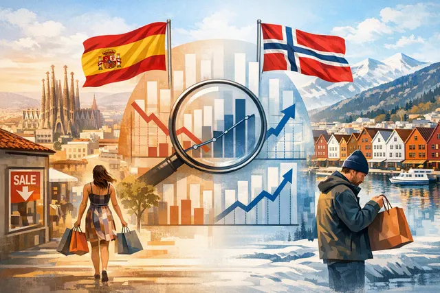 Editorial illustration of retail shopping activity and economic indicators in Spain and Norway