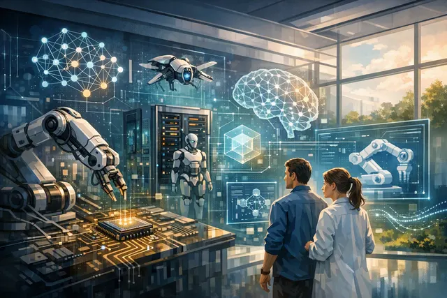 AI agent interface coordinating a robotic arm, laboratory instruments, and industrial hardware