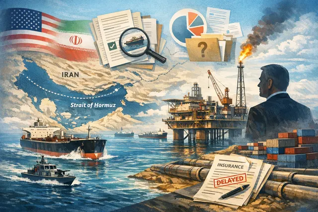 A satellite-style illustration of oil tankers queued in the Strait of Hormuz with a price chart overlay showing Brent crude volatility.