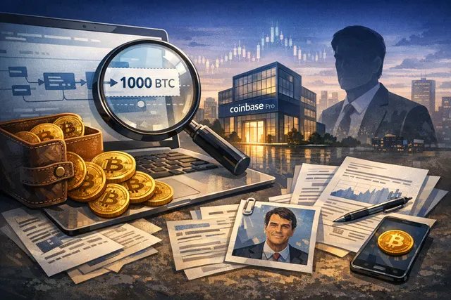 Bitcoin and Tim Draper concept illustration showing a large Bitcoin transfer on a digital ledger background