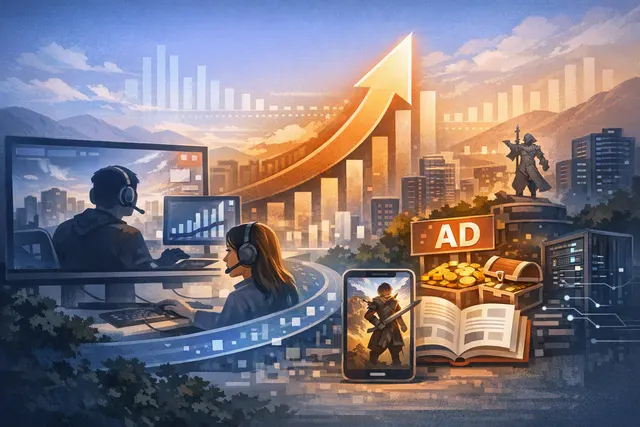 Editorial illustration of Huya’s shift from game livestreaming toward game services and publishing