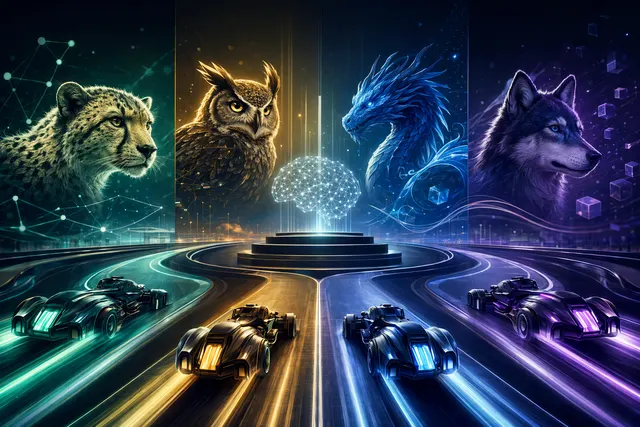 Editorial illustration of GPT-5.5, Claude Opus 4.7, DeepSeek V4 and Kimi K2.6 compared across AI benchmark categories