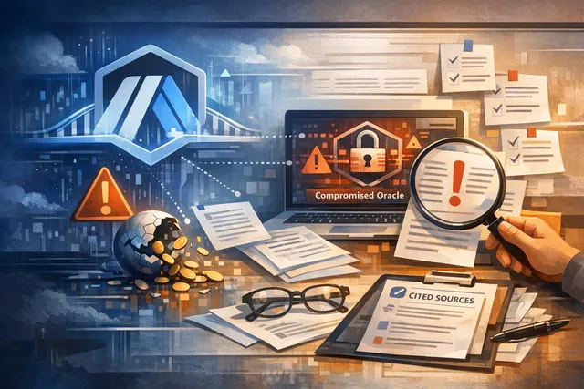 Abstract digital illustration of a broken chain link with a key-shaped fragment falling away, representing the Ostium oracle key compromise on Arbitrum.