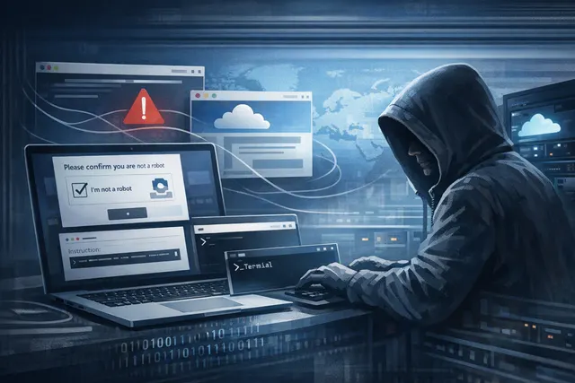Editorial illustration of a fake CAPTCHA leading to a Windows terminal and a reverse-tunnel cyberattack