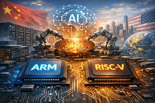 Abstract visualization of a custom AI data-center processor design, with glowing circuit patterns that represent ByteDance's dual Arm and RISC-V chip architecture paths