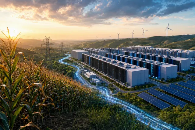 Editorial illustration of Qingyang’s green-powered AI computing hub on the Loess Plateau