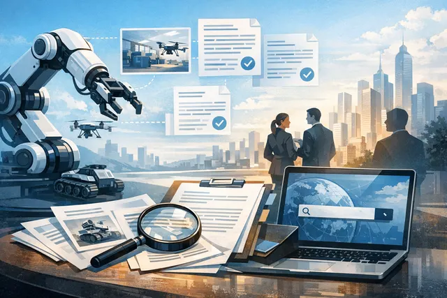 Editorial hero image representing SoftBank's potential acquisition of Gravis Robotics AG, featuring a conceptual blend of construction machinery, AI circuitry, and SoftBank brandin